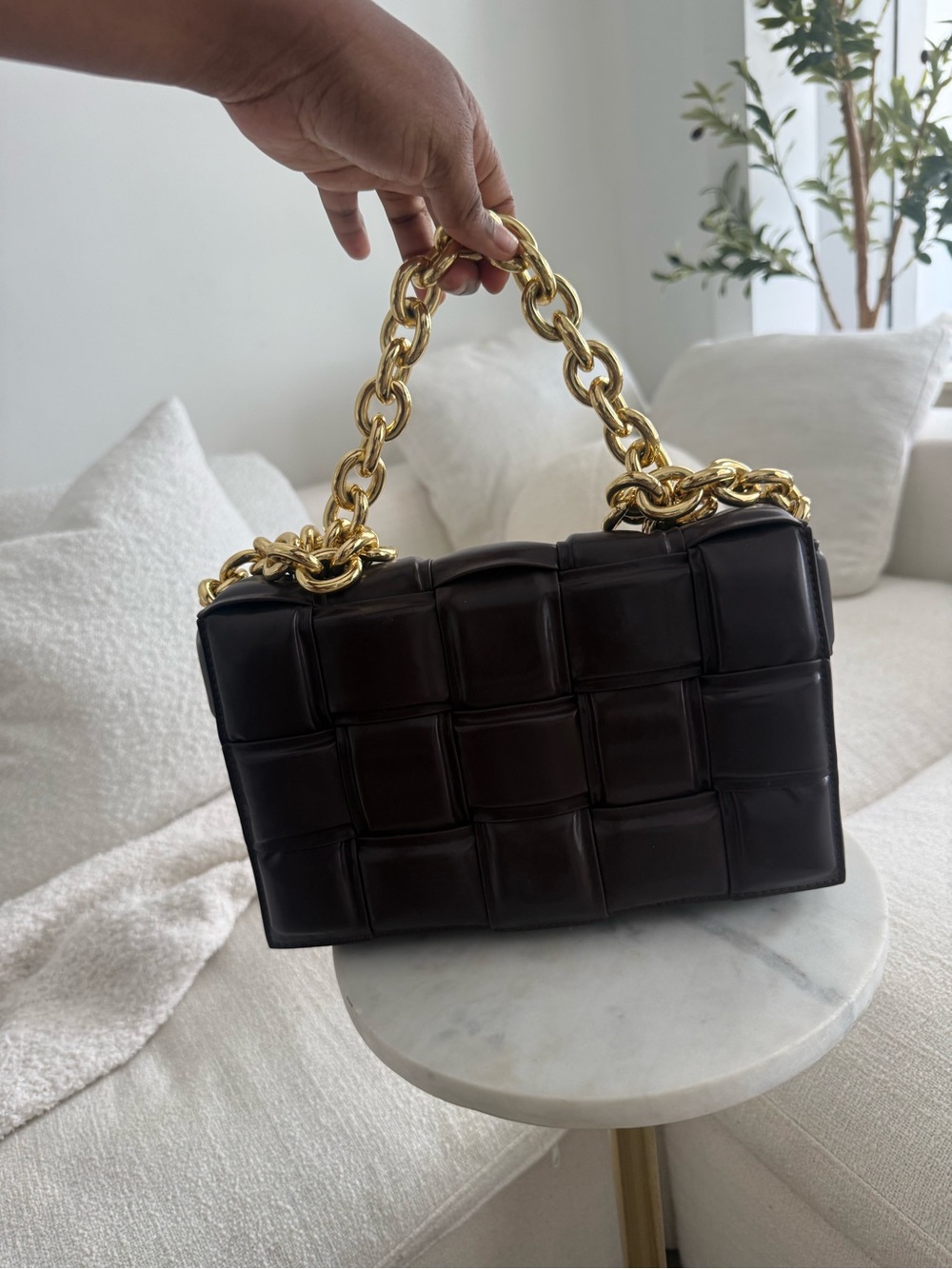 Source unknown Quilted Padded Top-Handle Bag with Gold Chain - Black